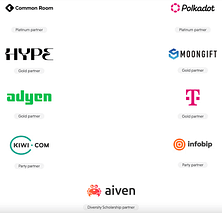 DevRelCon Prague 2022's sponsors: Common Room, Polkadot, Hype, Moongift, Adyen, Deutsche Telekom, Kiwi.Com, Infobip, Aiven